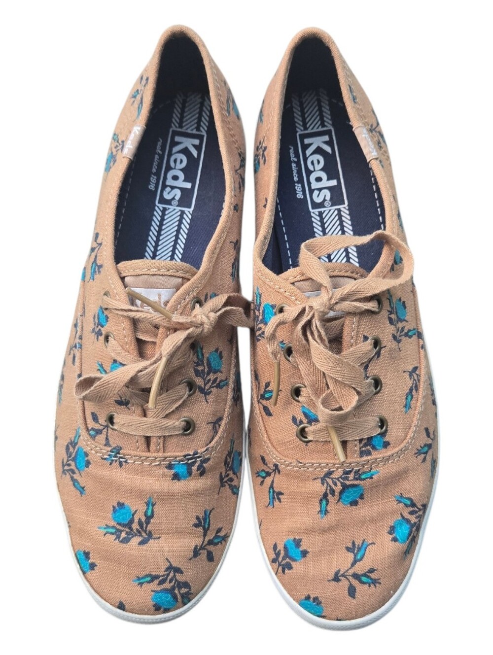 Keds Tan/Brown Canvas Sneakers with Blue Floral Print Sz8
